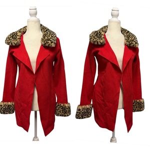 Womens Size S Red Faux Fur Leopard Trim Knit Cardigan Jacket Open Front Mob Wife